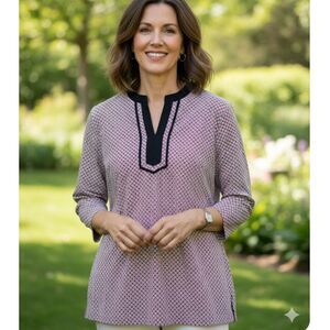 Talbots Blouse Size L Geometric Print V-Neck Trim Tunic Preppy Career Mod